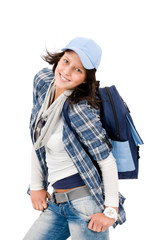 Smiling female teenager wear cool outfit schoolbag