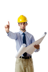 Engineer working with drawings on white