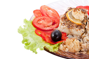 Fried fish with a cauliflower and mushrooms