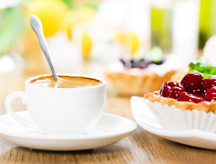 Fruit dessert and coffee