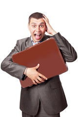 young businessman embraces portfolio  isolated on white backgrou