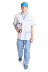 young medical doctor in movement with a hand clipboard isolated
