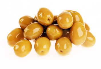Green olives on white background