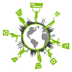 Green people protest, picket against pollution vector.