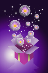 Lotus flower in bubble flying from gift box