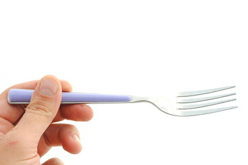 man hand holds a violet fork on white background