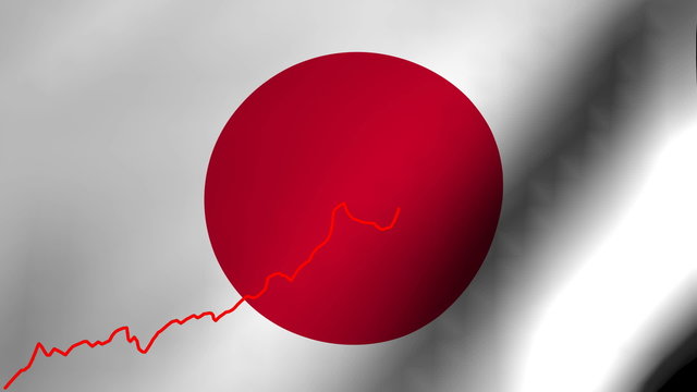 line graph over rippling Japanese flag animation