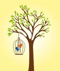 Stickers pour porte Oiseaux en cages arbre avec cage