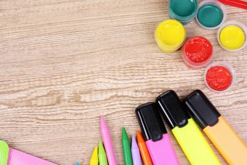 bright stationery on wooden background