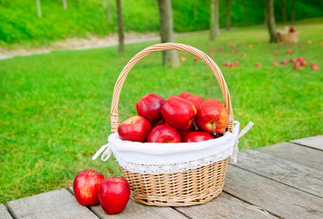 basket of red apples on wood floor