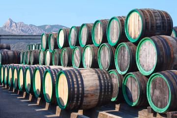 Warehouse with wine casks with madeira outdoors