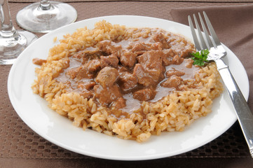 Beef tips and brown rice