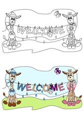 Two giraffes holding washing line with text "WELCOME"