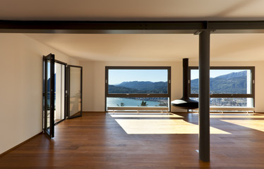 Modern apartment, large living room with panoramic view