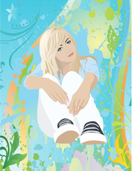 Obraz na płótnie Canvas Sitting girl on spring background (vector illustration)