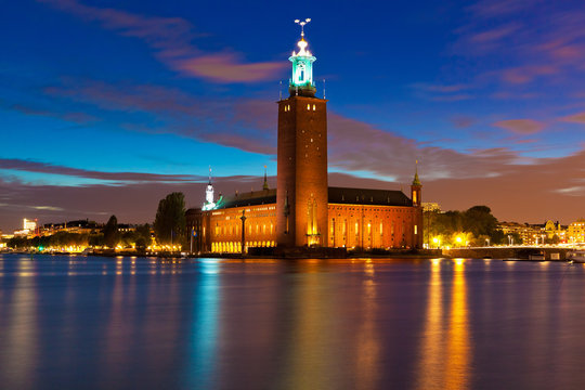 Night view of the City Hall in Stockholm, Sweden
