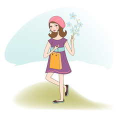 pretty girl with gift and flowers. birthday card