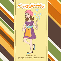 pretty girl with gift and flowers. birthday card