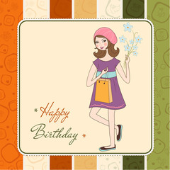 pretty girl with gift and flowers. birthday card