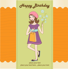 pretty girl with gift and flowers. birthday card