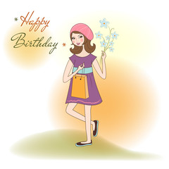 pretty girl with gift and flowers. birthday card