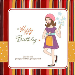 pretty girl with gift and flowers. birthday card