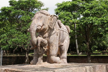 Fototapeta na wymiar War elephants sculpture holding enemy, Sun temple Konark