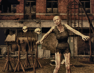 Zombie vor einem verrotteten Gebäude