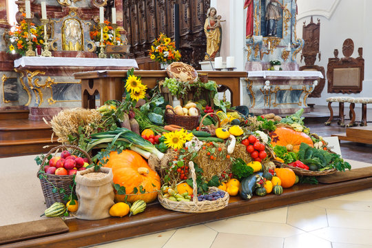 Harvest Festival Altar (Erntedankaltar) at Church in Germany