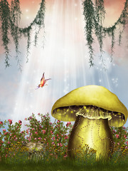 Fantasy landscape with big yellow mushroom and butterflies