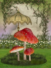 Fantasy scene in the garden with mushroom