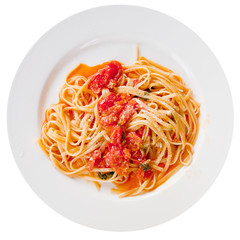spaghetti with spicy tomato sauce on white plate