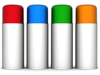 Image of aluminum spray cans of paint on a white background