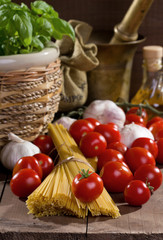 still life with pasta and vegetables