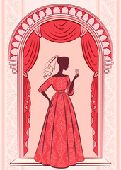 Vintage curtain with silhouette of girl.