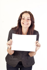 Fototapeta premium Young businesswoman holding empty blank