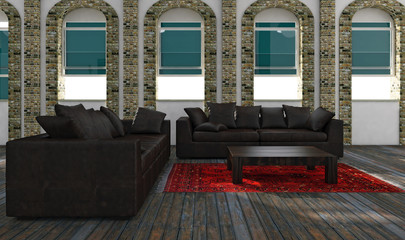 Interno con divani e finestra rendering 3d