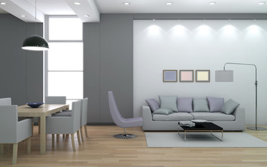 Interno con divani e finestra rendering 3d