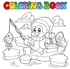 Obraz premium Coloring book fishing penguin