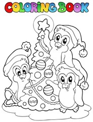 Coloring book penguins and tree