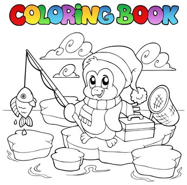Coloring book fishing penguin