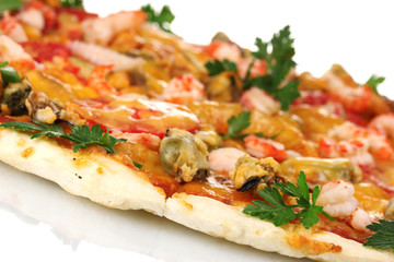 Delicious pizza with seafood  isolated on white