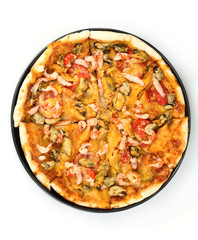 Delicious pizza with seafood on plate isolated on white