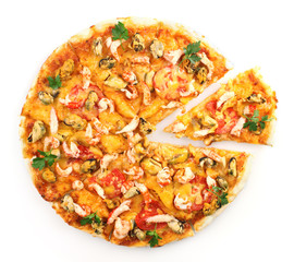 Delicious pizza with seafood isolated on white