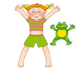 little girl and frog  on a white background