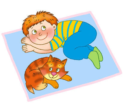 little boy and kitten are lying on a mat