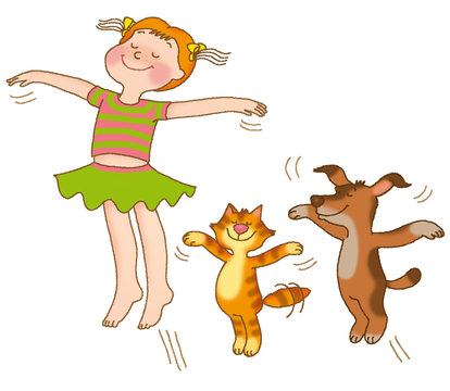 little girl,kitten and puppy are flying