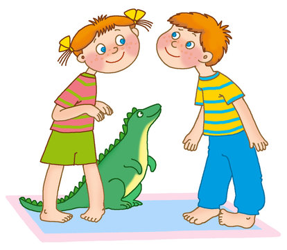 little boy and a girl pretend to be dinosaurs