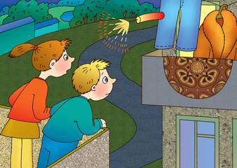 boy with a girl looking after departing firecrackers