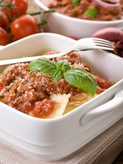 ravioli with ragout sauce on wooden table